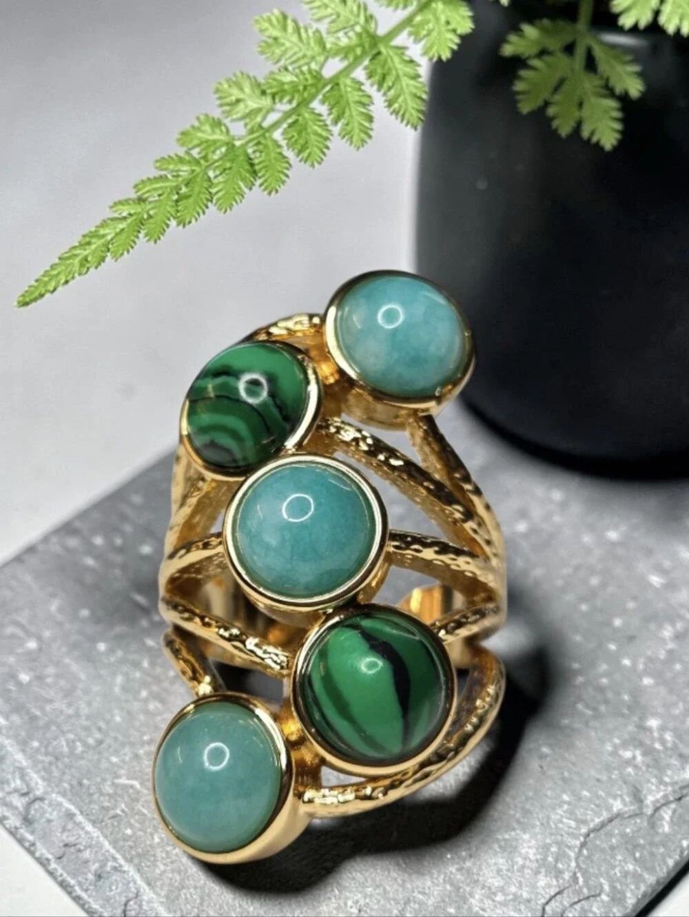 18k Gold Plated Chunky Malachite & Blue Chalcedony Oversized Statement Ring